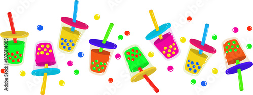 assorted boba milk bubble tea fruit drinks in plastic cups with colorful straws horizontal banner design for cafe menu