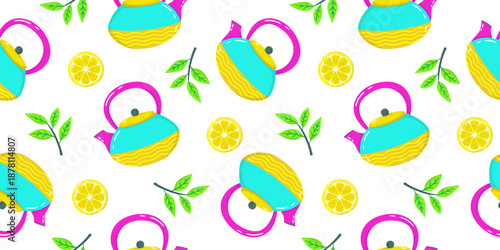 bright tea ceremony vector seamless background with kettles and citrus slices on white backdrop for wrapping paper