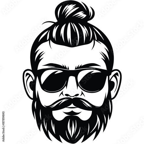 Man's face with beard, mustache, hair bun, and sunglasses illustrated in black tone