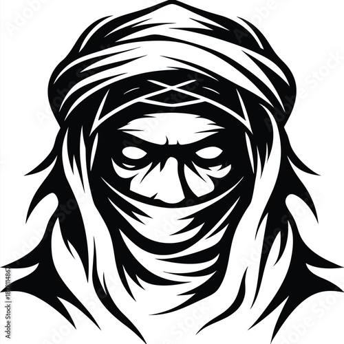 Menacing man in black head covering evokes ancient mystic warriors of desert cultures