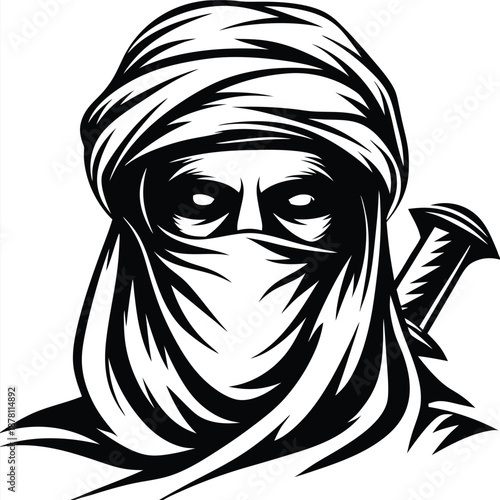 Menacing warrior face in traditional keffiyeh and ghutra stares with sword resting behind