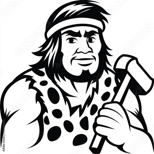 Monochrome caveman wearing animal print, holding a hammer, showcases strong physique and determination