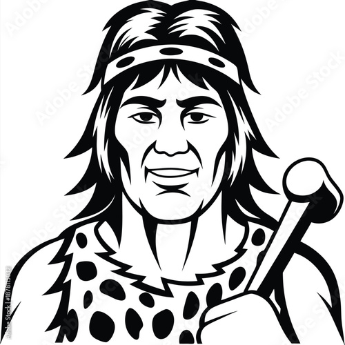 Monochrome drawing depicts confident caveman figure holding bone club, sporting a spotted animal skin