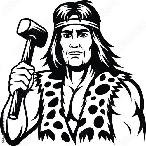 Monochrome caveman wielding hammer, wearing fur animal skin, presents strong physique and intense gaze
