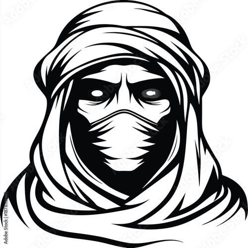 Monochrome face of mysterious hooded figure hides in dark shadows with sinister mask