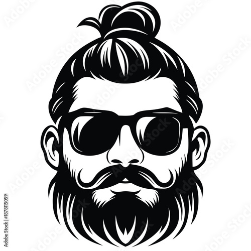 Monochrome headshot presents a stylized man with bun hairstyle, beard, moustache, and shades