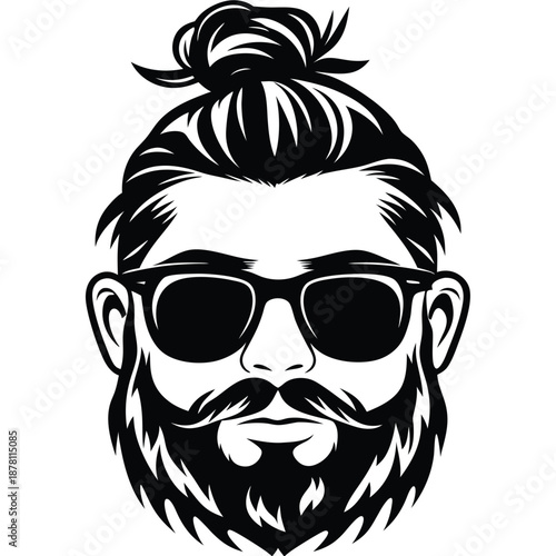 Monochrome man with bun and cool sunglasses showcases a stylish beard and mustache