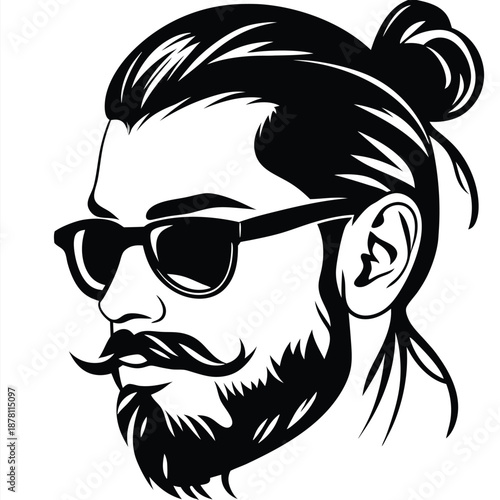 Monochrome portrait depicts a bearded man with sunglasses and his hair arranged in a bun
