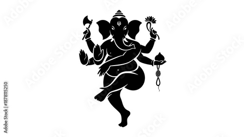 Black silhouette of dancing Ganesh with multiple arms holding various objects.