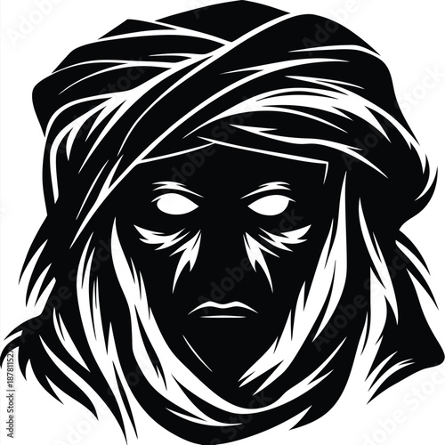 Mysterious Bedouin woman stares intensely with pale eyes in a black and white image