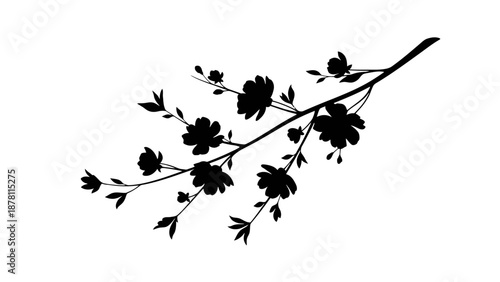 Black silhouette of a flowering branch with blossoms and leaves.