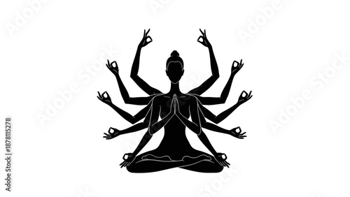 Black silhouette of a person meditating in lotus position with multiple arms.