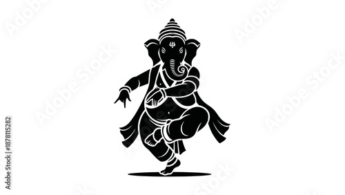 Black and white illustration of dancing Ganesha.