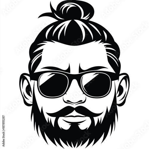 Monochrome stylish man with a beard and sunglasses displays an iconic bold fashion statement