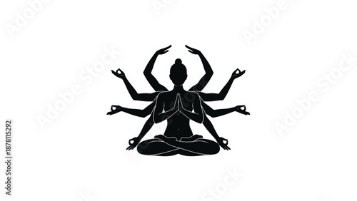 Black silhouette of a person meditating in lotus position with multiple arms.
