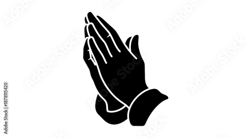Black silhouette of praying hands against a white background.