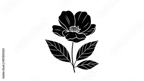 Simple black and white flower illustration with leaves.