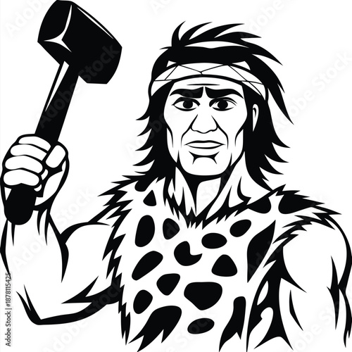 Native man with headband raises mallet, wearing animal hide shirt in black and white