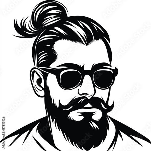 Portrait of a bearded man with a topknot hairstyle wearing dark sunglasses