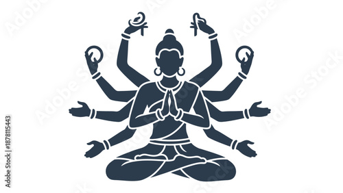 Multi-armed deity in meditative yoga pose with symbolic objects.