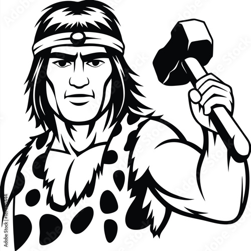 Powerful caveman wielding a hammer, looking imposing with his muscular build and focused expression