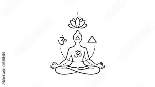 Simple line drawing of a person meditating with sacred symbols.
