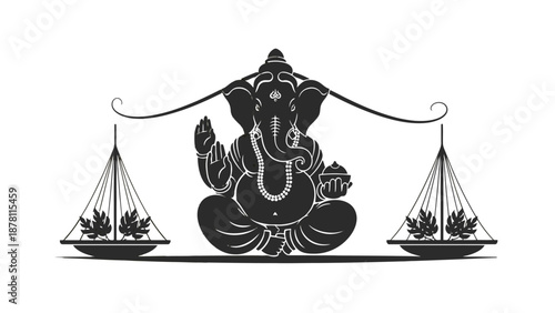 Ganesha sitting on a scale with balanced weights on either side.