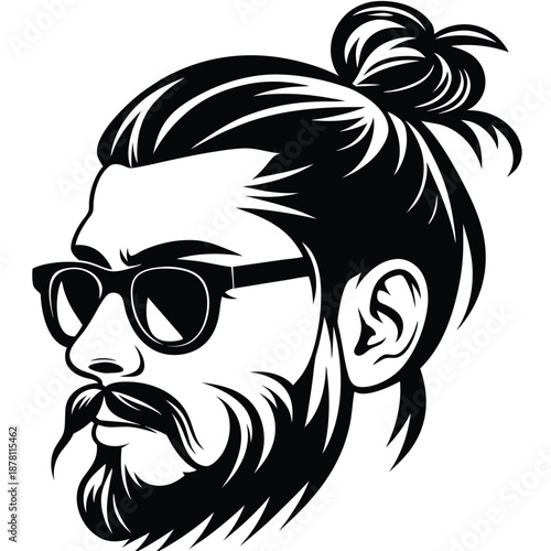 Profile of a hipster with a top knot hairstyle, mustache, beard, and glasses