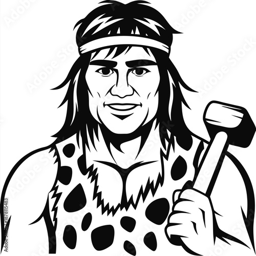 Shirtless caveman with animal print shirt confidently holds a heavy hammer in monochrome style
