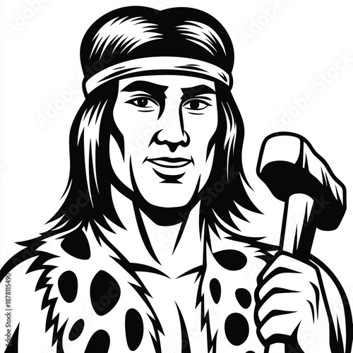 Primitive man with headband smiles while holding sledgehammer and wearing spotted fur
