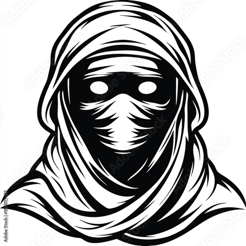 shows a hooded person with a mask in black and white