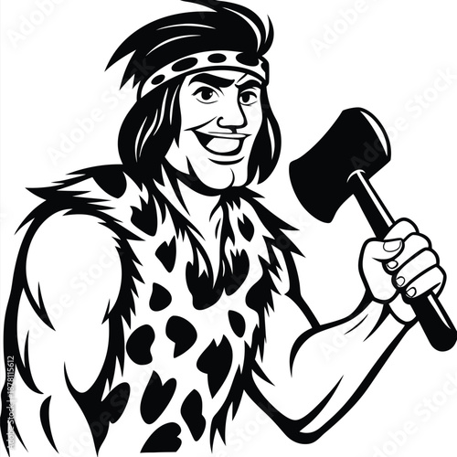 Smiling cartoon caveman with headband holds big hammer up in black and white