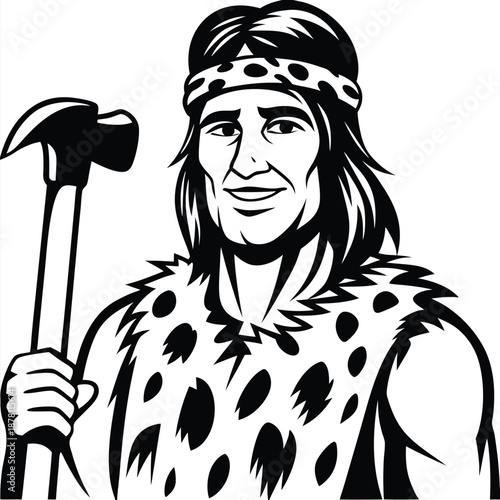 Smiling caveman holds a hammer while wearing an animal skin in black and white