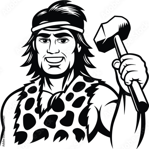 Smiling caveman in animal print vest holds club above his shoulder confidently