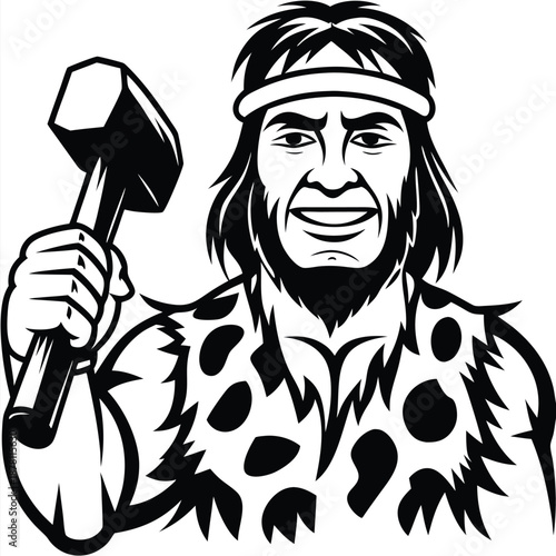 Smiling caveman wearing animal skin confidently raises his heavy hammer in this monochrome artwork