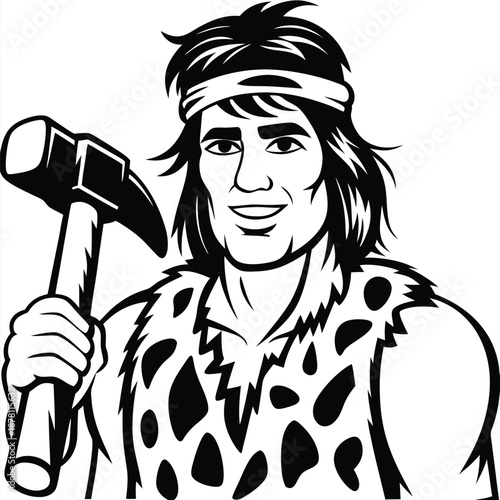 Smiling caveman in animal skin holding a hammer showcases prehistoric strength and confidence