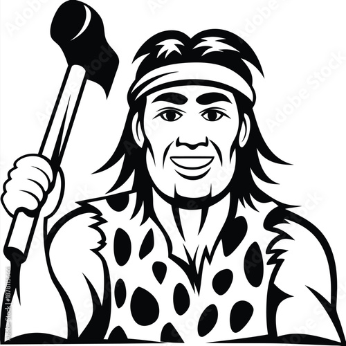 Smiling caveman wearing animal skin stands confidently while holding a massive hammer in vector