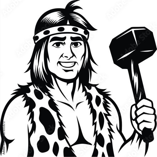 Smiling caveman with headband and animal print is holding a large hammer in monochrome