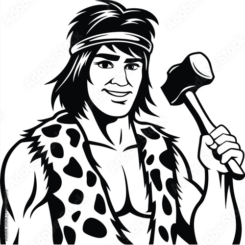 Smiling muscular caveman dressed with animal fur is holding a hammer above his shoulder