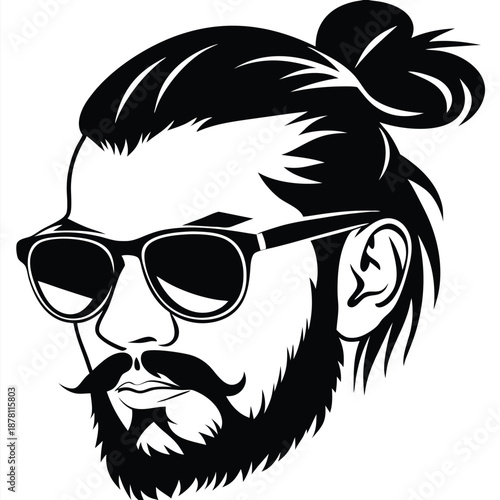 Stylish hipster face featuring beard, sunglasses, and trendy topknot hairstyle in monochrome