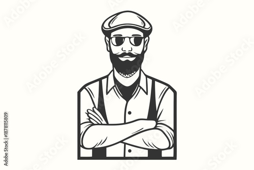 Stylish bearded man with cap and sunglasses crosses his arms confidently in monotone style