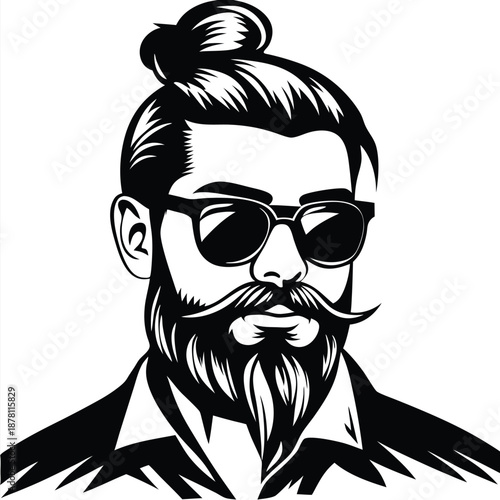 Stylish man sporting a beard and sunglasses dons a contemporary topknot hairstyle
