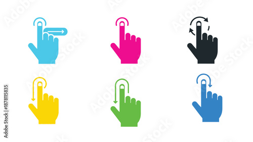 Colorful hand icons depicting various touch gestures and directional movements on a white background