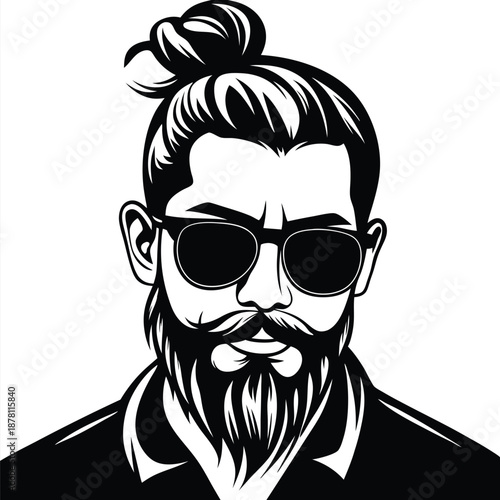 Stylish man showcases his man bun hairstyle with thick beard while wearing sunglasses