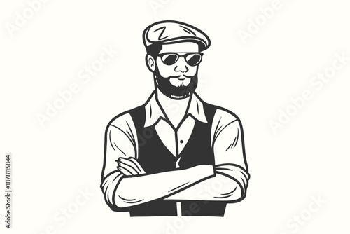 Stylish man stands confidently, wearing a cap, sunglasses, beard, and vest