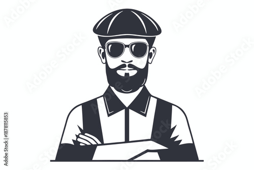 Stylish man wearing glasses and newsboy cap stands confidently with arms crossed