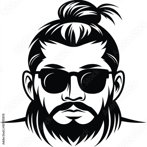 Stylish man with a beard and topknot sports cool sunglasses in black and white