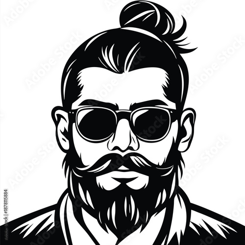 Stylish man with a bun, beard, and sunglasses poses in stark black