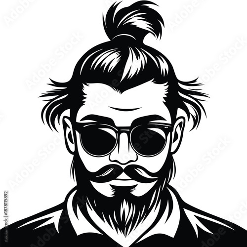 Stylish man with beard and sunglasses appears modern in monochrome outline style