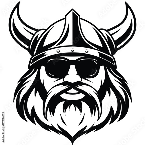 The strong Viking warrior is featured in this bold, monochromatic portrait with sunglasses